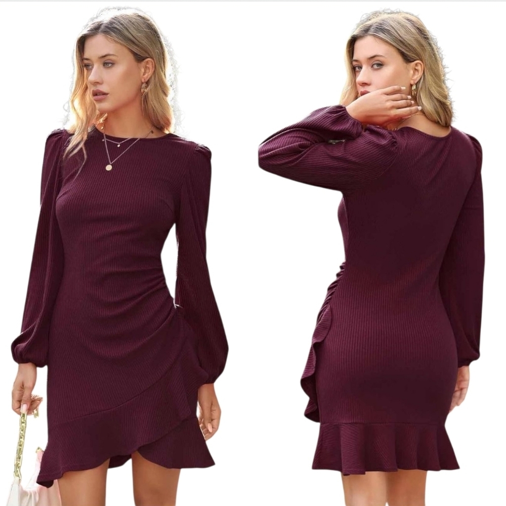 Byinns Bodycon Dress Womens XLarge Wine Red Ribbed Long Sleeve Ruffle Hem Fall